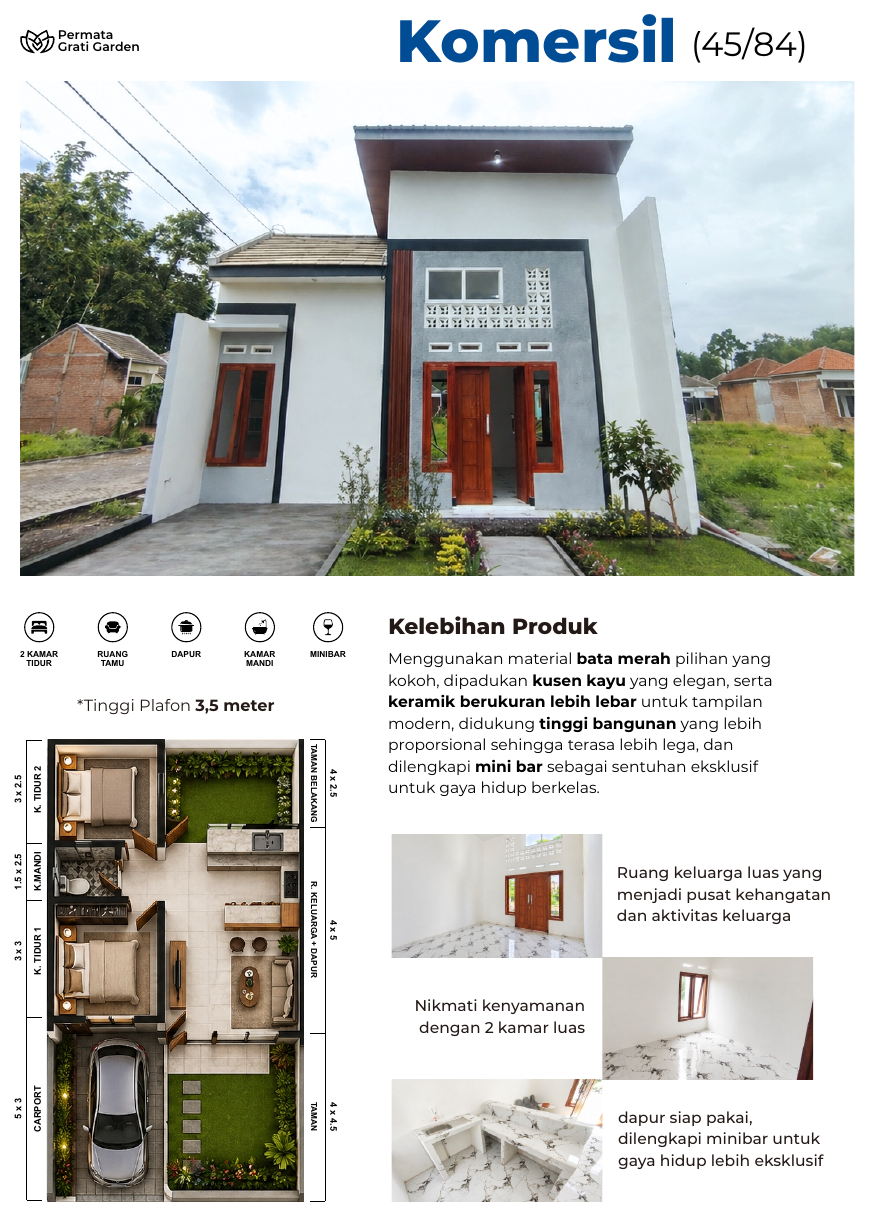 Denah dan spesifikasi detail rumah komersil tipe 45/84
